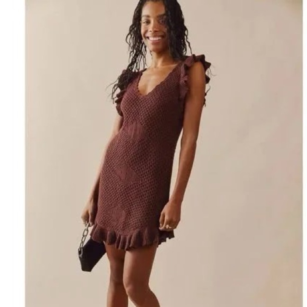 Free People FP Beach Knit Ruffle Hem Sleeveless Tunic Dress – Large – Brown